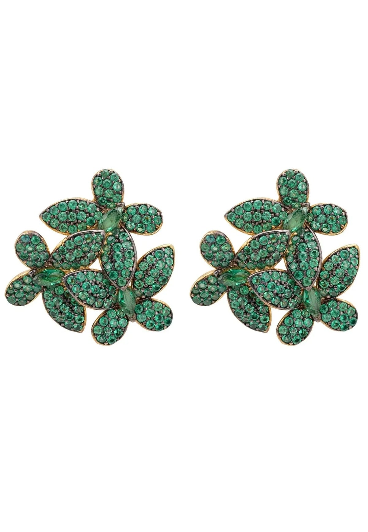 Flowers Large Stud Earrings Gold Emerald Green