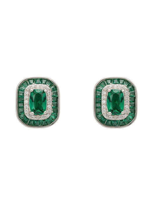 Great Gatsby Stud Earrings Emerald Silver