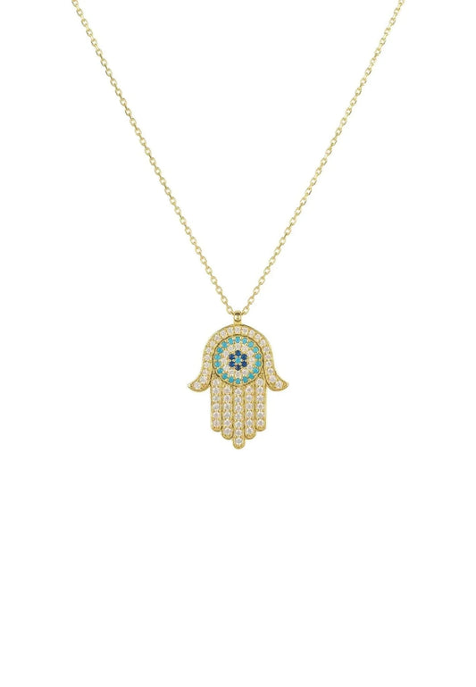 Hamsa Hand With Evil Eye Pendant Necklace Gold