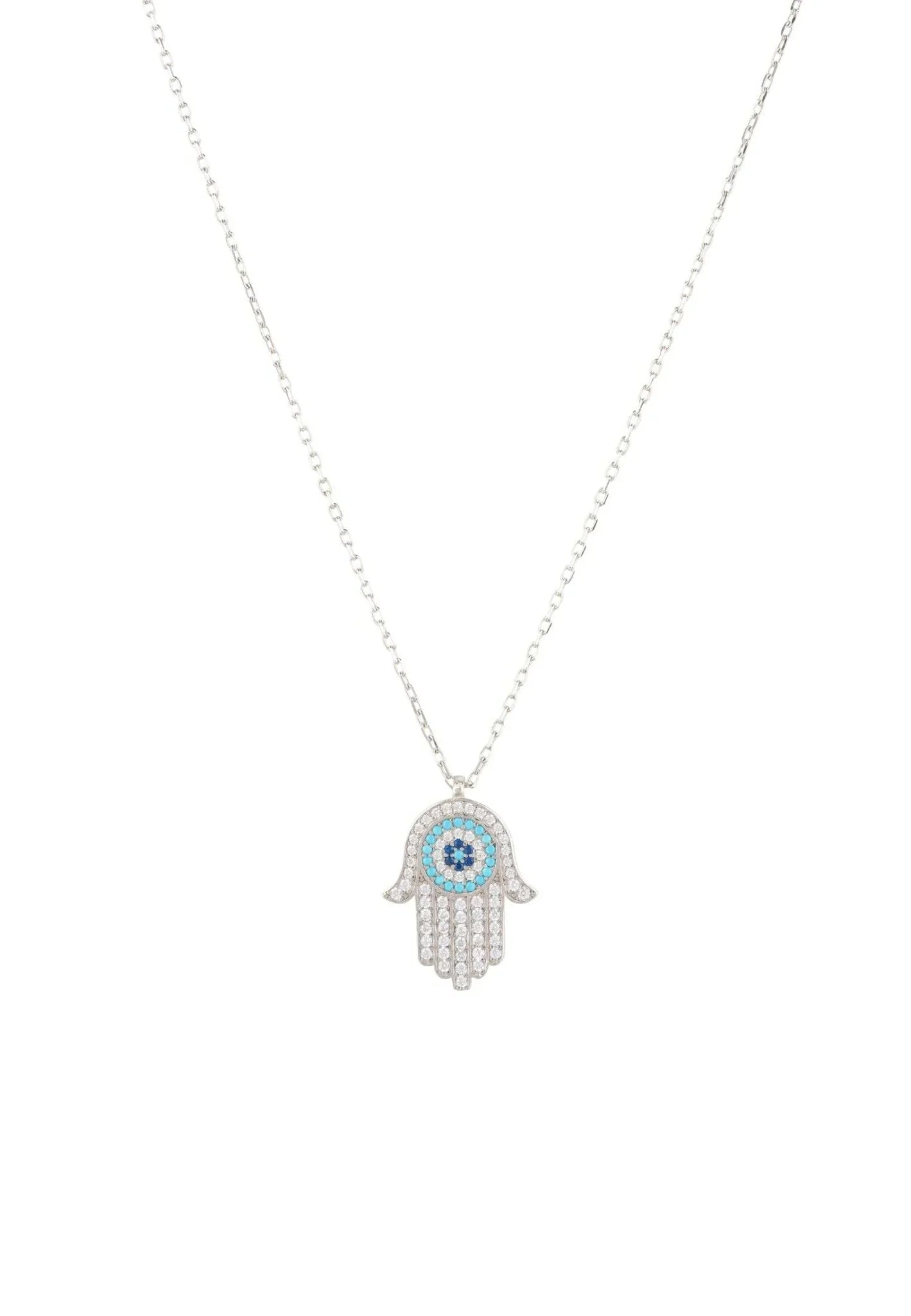 Hamsa Hand With Evil Eye Pendant Necklace Turquoise Silver