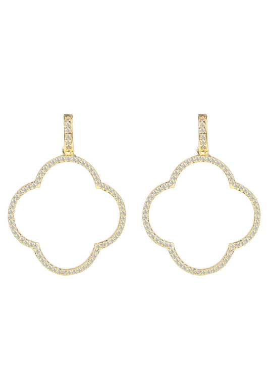 Open Clover Large Drop Earrings White Cz Gold