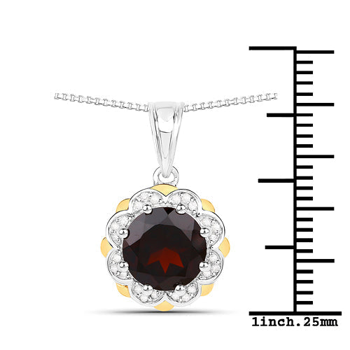 2.32 Carat Genuine Garnet and White Diamond 14K Yellow Gold with .925 Sterling Silver Pendant