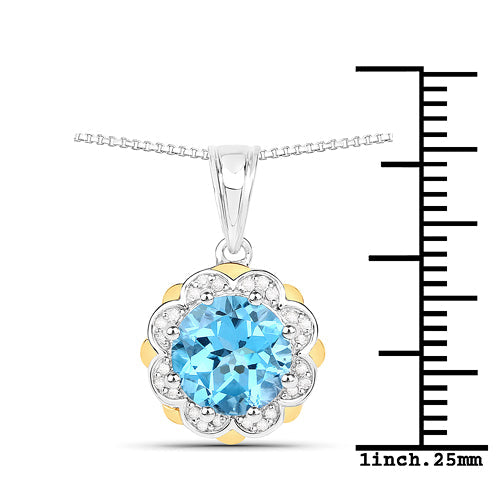 2.32 Carat Genuine Swiss Blue Topaz and White Diamond 14K Yellow Gold with .925 Sterling Silver Pendant