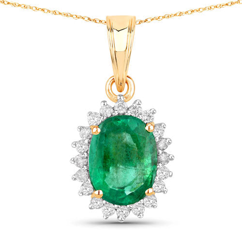 1.36 Carat Genuine Zambian Emerald and White Diamond 10K Yellow Gold Pendant