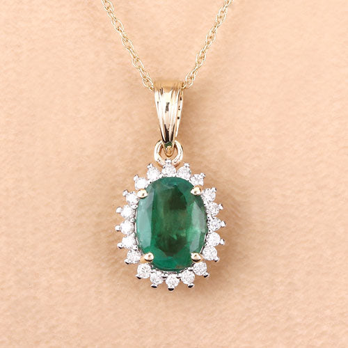 1.36 Carat Genuine Zambian Emerald and White Diamond 10K Yellow Gold Pendant