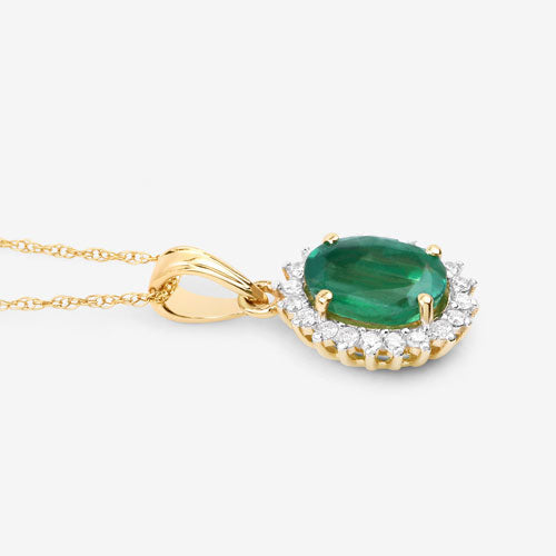 1.36 Carat Genuine Zambian Emerald and White Diamond 10K Yellow Gold Pendant