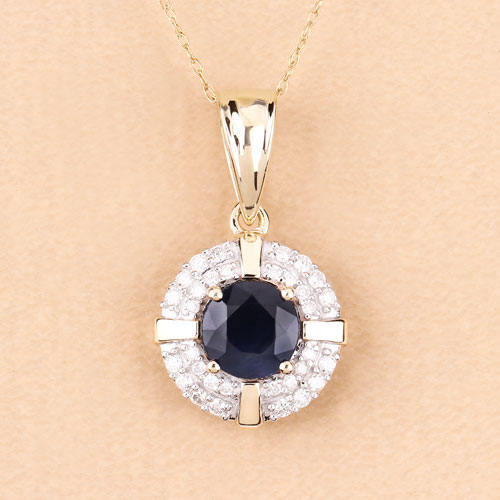 1.71 Carat Genuine Blue Sapphire and White Diamond 10K Yellow Gold Pendant