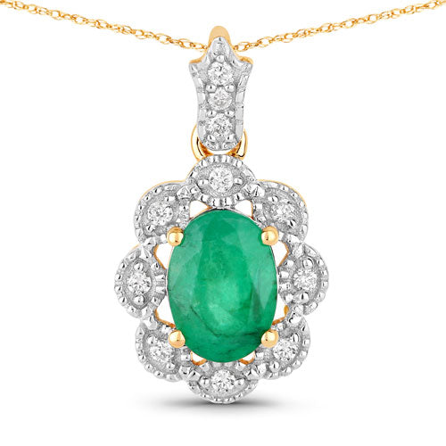0.79 Carat Genuine Zambian Emerald and White Diamond 10K Yellow Gold Pendant