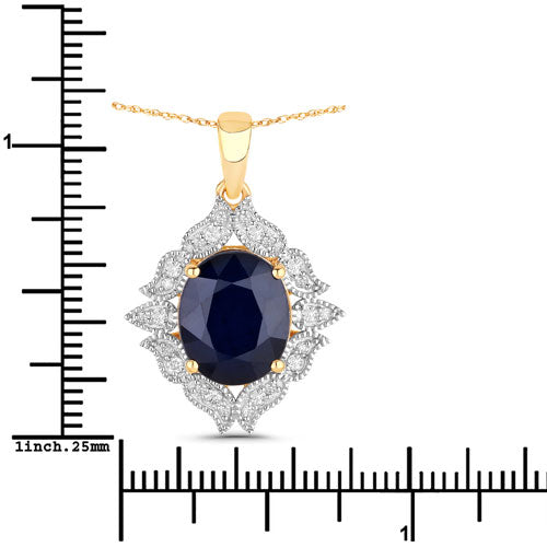 6.44 Carat Genuine Blue Sapphire and White Diamond 14K Yellow Gold Pendant