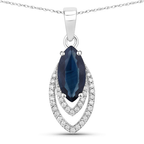 1.42 Carat Genuine Blue Sapphire and White Diamond 14K White Gold Pendant