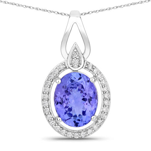 3.05 Carat Genuine Tanzanite and White Diamond 14K White Gold Pendant