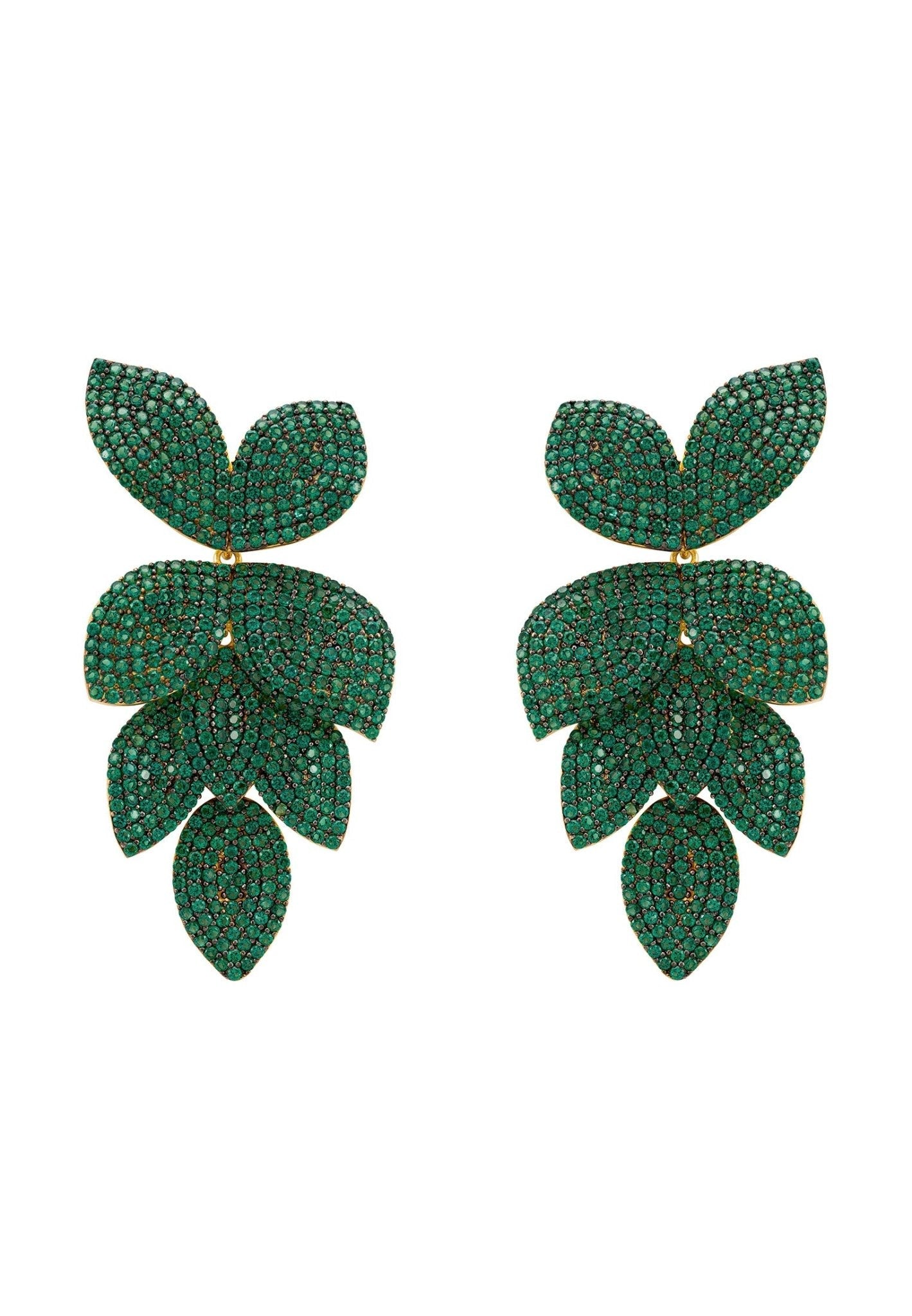 Petal Cascading Flower Earrings Gold Emerald Green