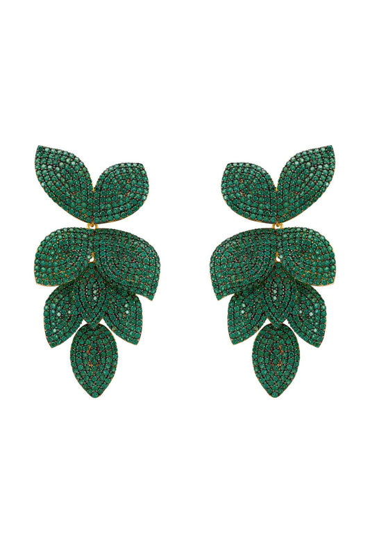 Petal Cascading Flower Earrings Gold Emerald Green