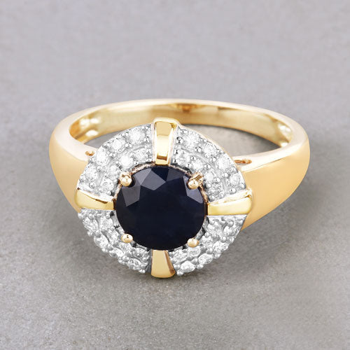 1.71 Carat Genuine Blue Sapphire and White Diamond 10K Yellow Gold Ring
