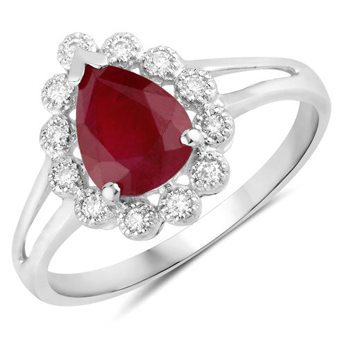 1.31 Carat Genuine Ruby and White Diamond 14K White Gold Ring