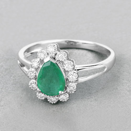 1.22 Carat Genuine Zambian Emerald and White Diamond 10K White Gold Ring