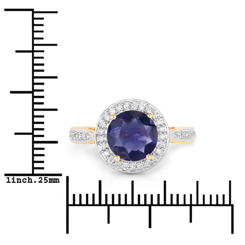 1.79 Carat Genuine Iolite and White Diamond 14K Yellow Gold Ring