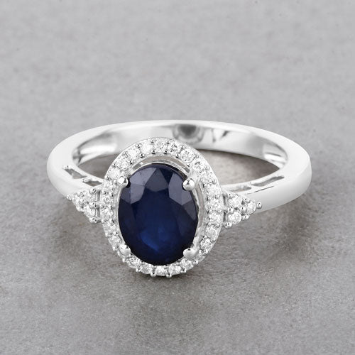 1.70 Carat Genuine Blue Sapphire and White Diamond 14K White Gold Ring
