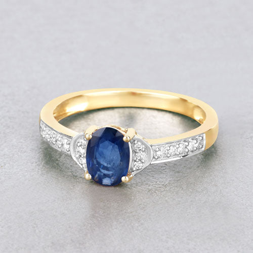 1.05 Carat Genuine Blue Sapphire and White Diamond 10K Yellow Gold Ring