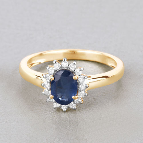 1.11 Carat Genuine Blue Sapphire and White Diamond 10K Yellow Gold Ring