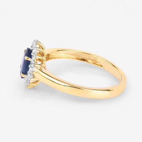 1.11 Carat Genuine Blue Sapphire and White Diamond 10K Yellow Gold Ring