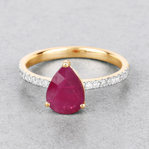 1.68 Carat Genuine Ruby and White Diamond 14K Yellow Gold Ring