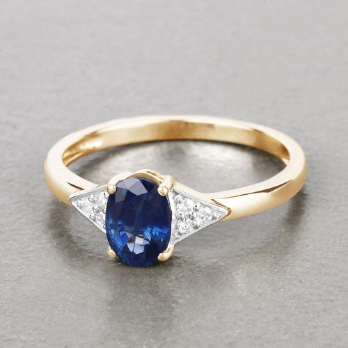 1.01 Carat Genuine Blue Sapphire and White Diamond 14K Yellow Gold Ring