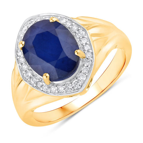 3.31 Carat Genuine Blue Sapphire and White Diamond 14K Yellow Gold Ring