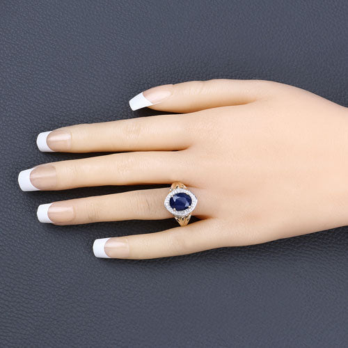 3.31 Carat Genuine Blue Sapphire and White Diamond 14K Yellow Gold Ring