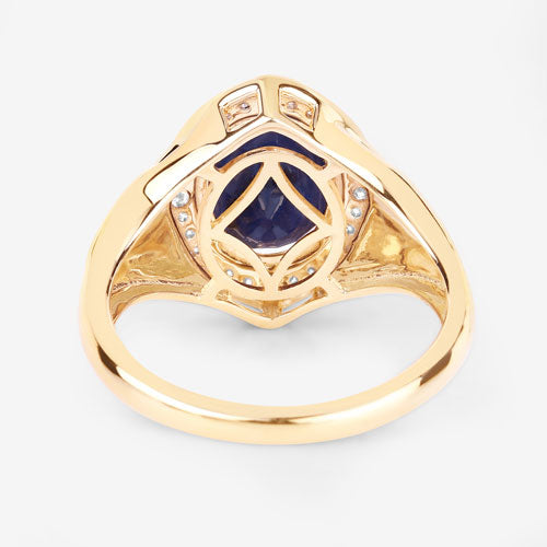 3.31 Carat Genuine Blue Sapphire and White Diamond 14K Yellow Gold Ring
