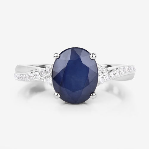 3.28 Carat Genuine Blue Sapphire and White Diamond 14K White Gold Ring