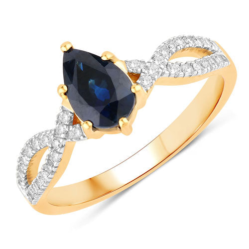 1.14 Carat Genuine Blue Sapphire and White Diamond 14K Yellow Gold Ring