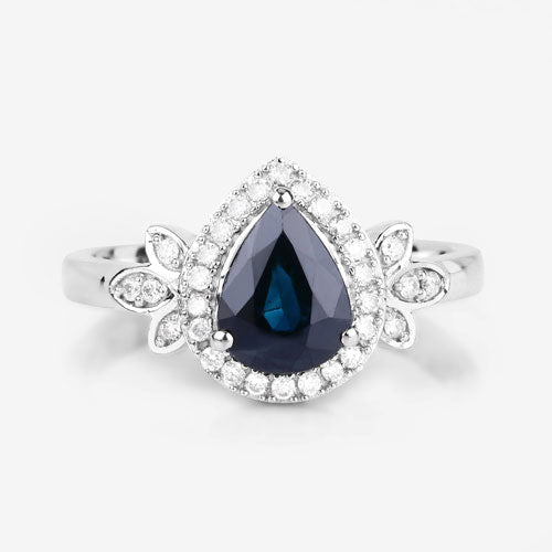 1.54 Carat Genuine Blue Sapphire and White Diamond 14K White Gold Ring