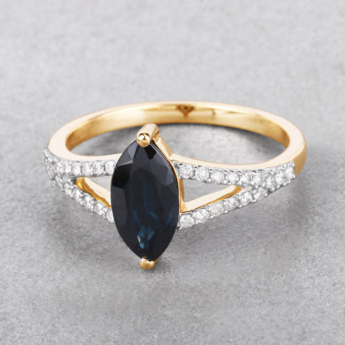 1.50 Carat Genuine Blue Sapphire and White Diamond 14K Yellow Gold Ring