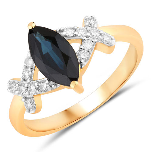 1.50 Carat Genuine Blue Sapphire and White Diamond 14K Yellow Gold Ring