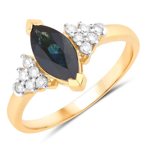 1.47 Carat Genuine Blue Sapphire and White Diamond 14K Yellow Gold Ring