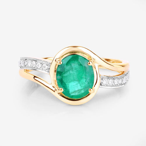 1.62 Carat Genuine Zambian Emerald and White Diamond 14K Yellow Gold Ring