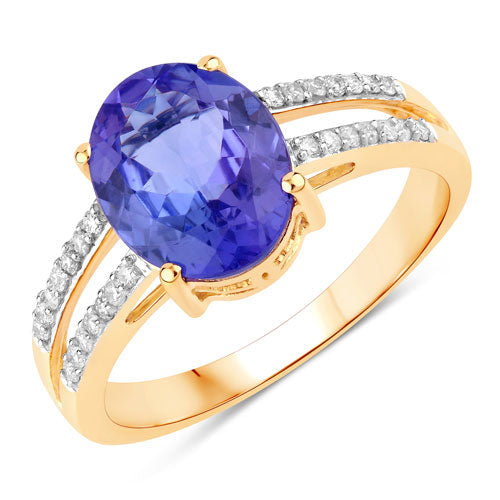 2.67 Carat Genuine Tanzanite and White Diamond 14K Yellow Gold Ring