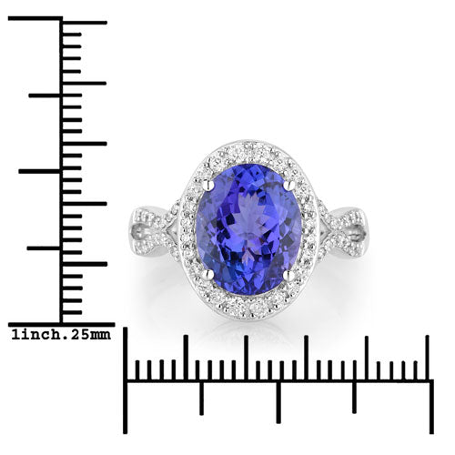 4.12 Carat Genuine Tanzanite and White Diamond 14K White Gold Ring