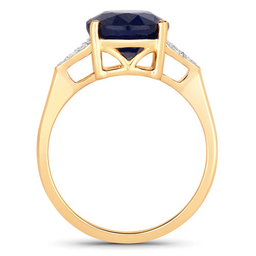 4.46 Carat Genuine Blue Sapphire and White Diamond 14K Yellow Gold Ring