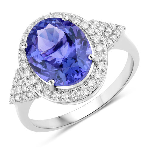 3.97 Carat Genuine Tanzanite and White Diamond 14K White Gold Ring