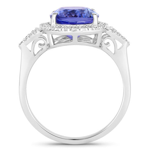 3.97 Carat Genuine Tanzanite and White Diamond 14K White Gold Ring