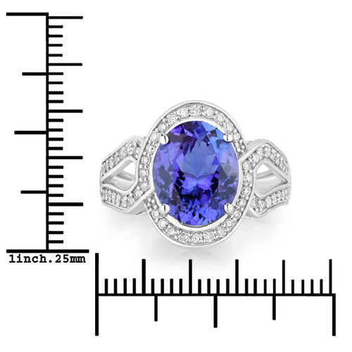 4.19 Carat Genuine Tanzanite and White Diamond 14K White Gold Ring