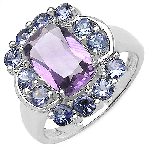 3.30 Carat Genuine Amethyst and Tanzanite .925 Sterling Silver Ring
