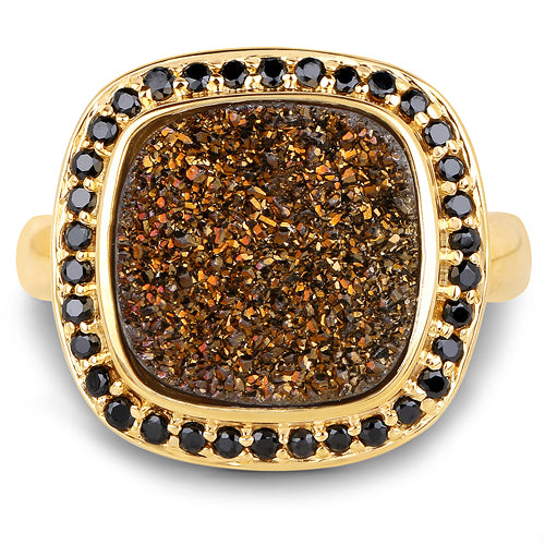 14K Yellow Gold Plated 6.19 Carat Genuine Drusy Quartz and Black Spinel .925 Sterling Silver Ring