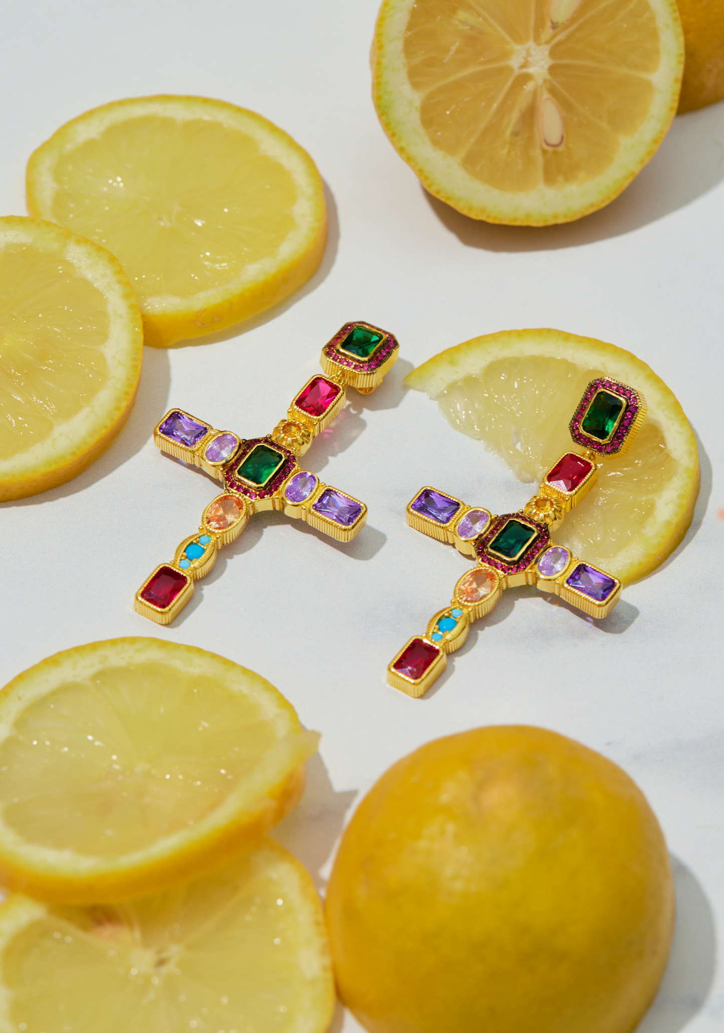 Santa Maria Extra Large Gemstone Cross Earrings Gold