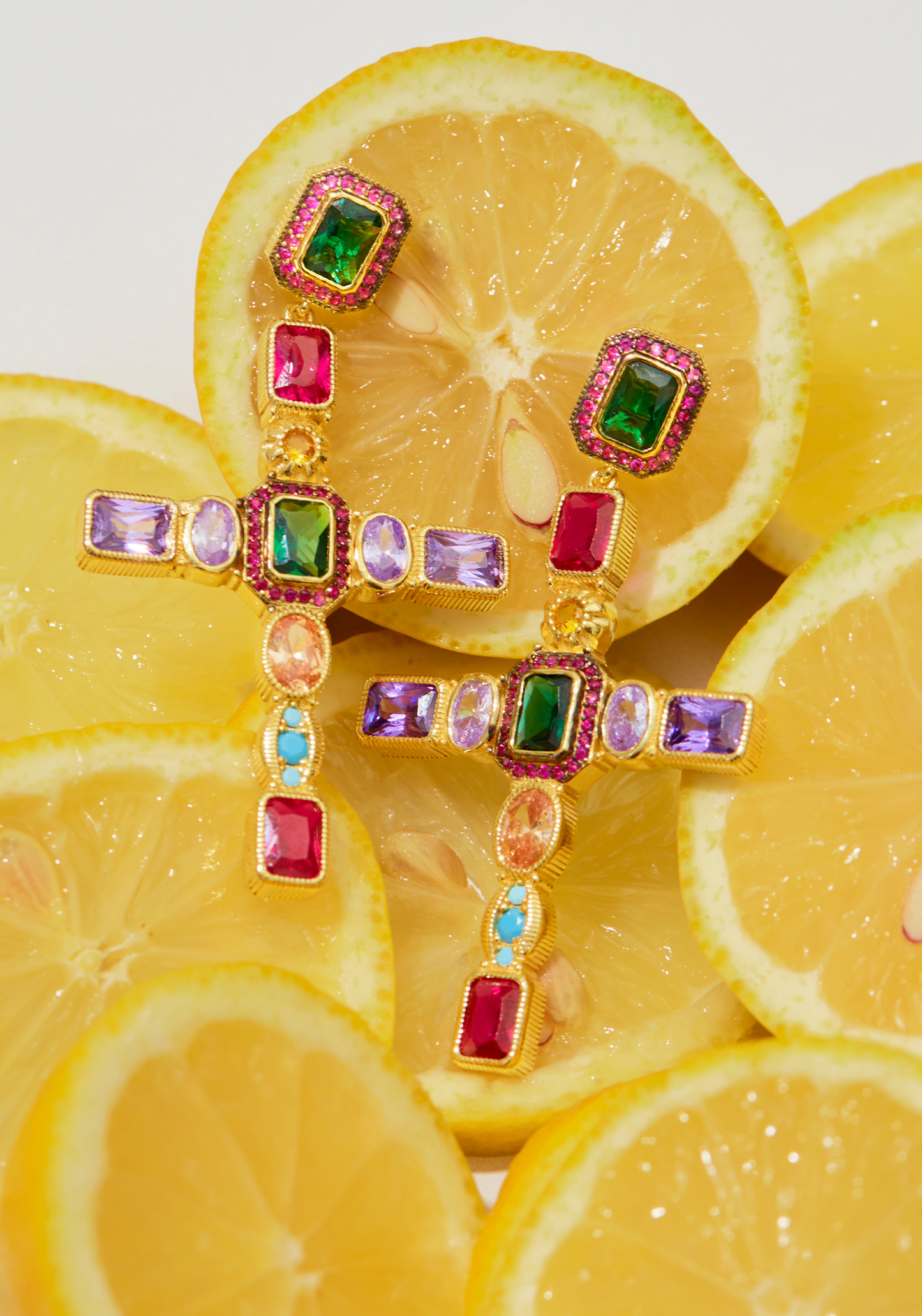 Santa Maria Extra Large Gemstone Cross Earrings Gold