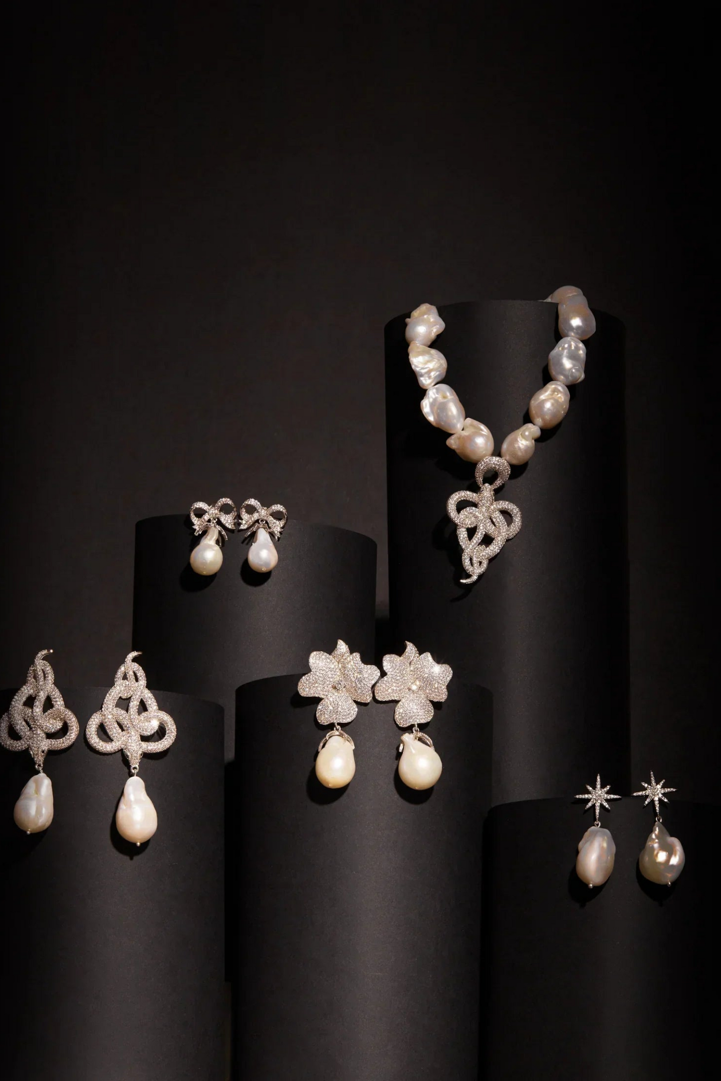 Baroque Pearl Ribbon and Bows Drop Earrings Silver
